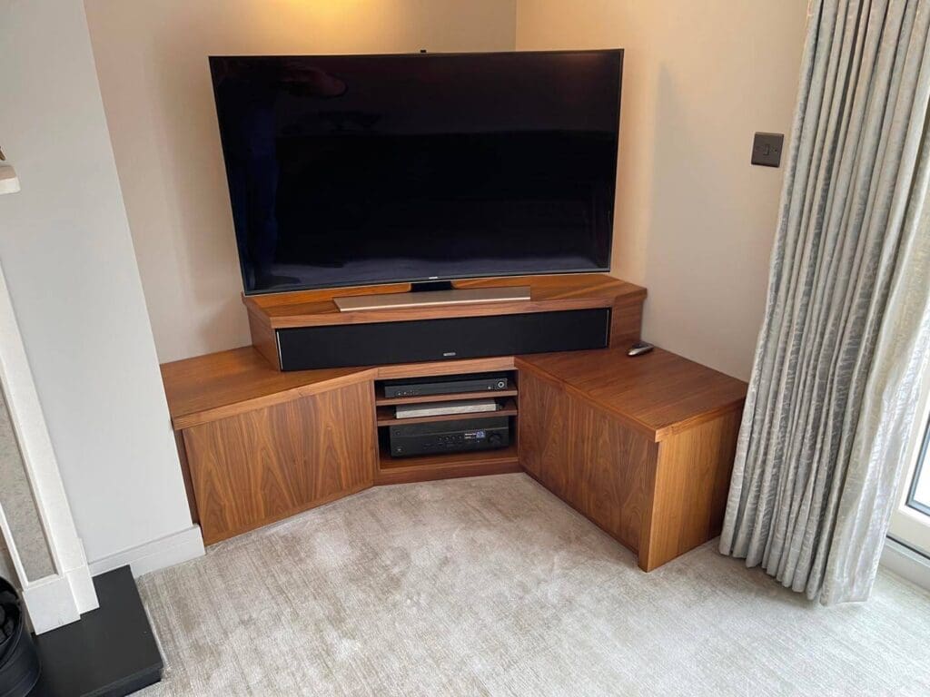 Media Unit with device shelves and touch open storage cabinets