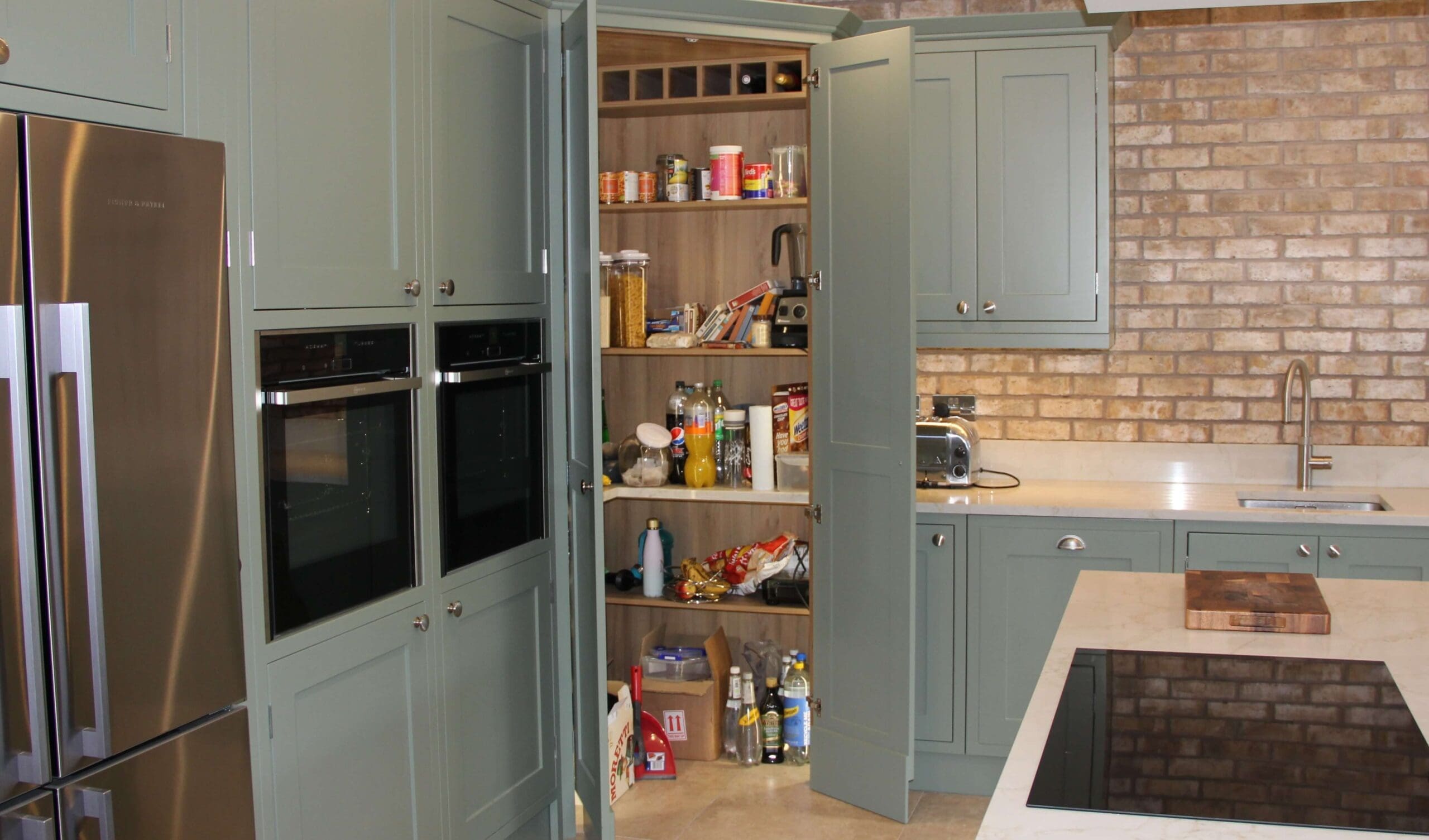 Walk In larder in Shaker Style Kitchen with shelves and Illumination